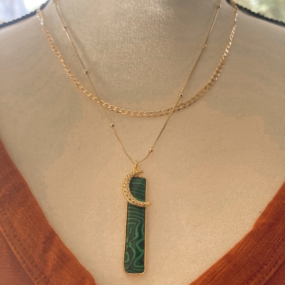 Jewelry - Malachite Moon Pendant Necklace 18K Gold Filled & 18K GF Cuban